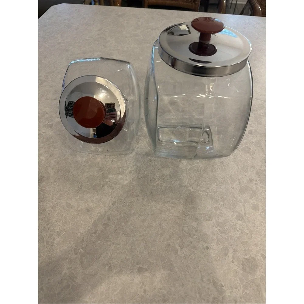 Vintage Style Tilt Candy Canister Jars Set Of Two Red And Silver Lids. No Chips